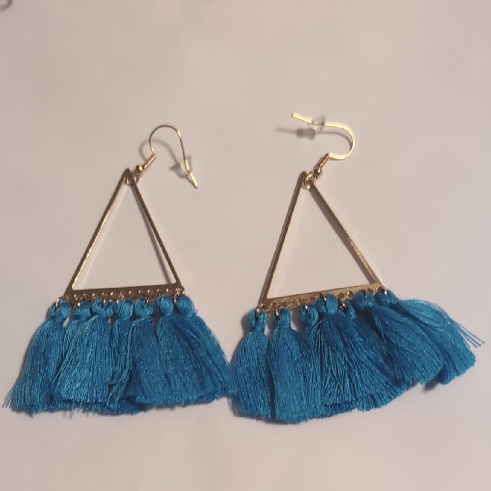Blue and Gold Statement Earrings with Tassel Fringe‎